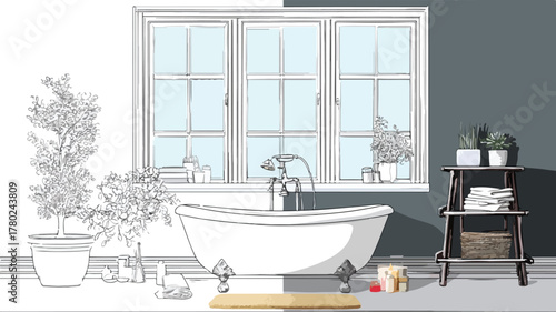 Modern Collage of Bathtub and Window Vector Illustrations for Interior Design Projects