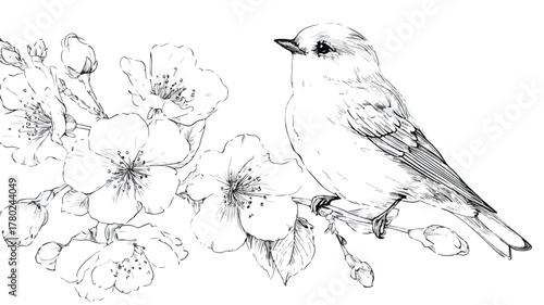 Bird and Flowers Vector Illustration with Bird, Nature Artwork, Floral Design