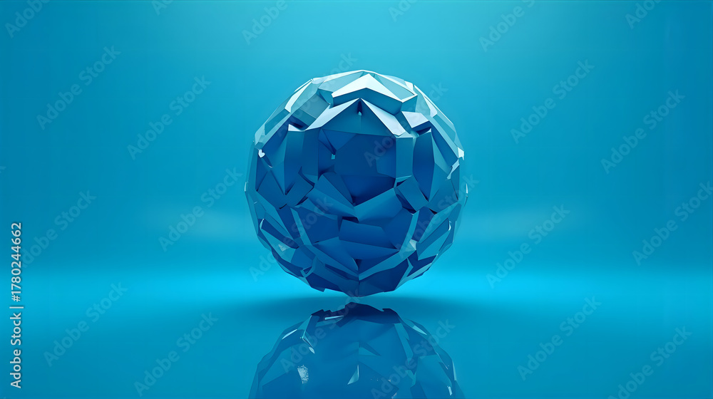 Naklejka premium A low-poly blue sphere with a faceted surface sits on a reflective blue surface against a gradient blue background.