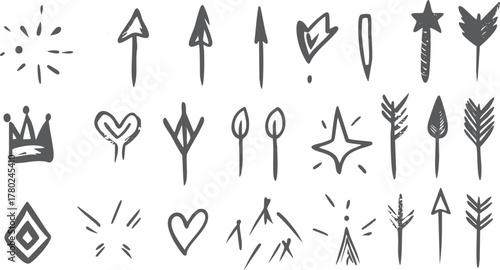 Collection of hand drawn grey icons including arrows crowns hearts stars and abstract shapes on a white background