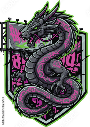 An intimidating mythical Asian dragon with intricate pink oriental patterns, set against a shield with urban graffiti elements and glowing green accents