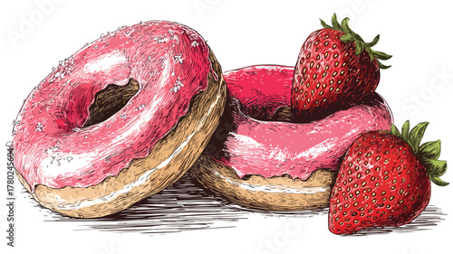 Delicious Donuts with Fresh Strawberries in Hand-Drawn Vector Illustration
