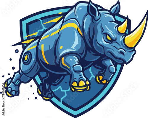 Dynamic illustration of a powerful blue robotic rhinoceros mascot with a yellow horn charging energetically from a shield crest