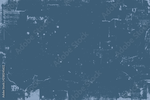 Dusty blue textured background with distressed abstract shapes and faint text fragments vector