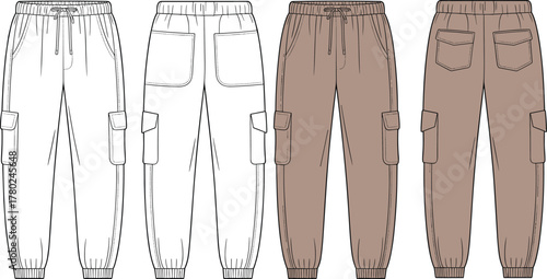 Men’s cargo jogger pants flat sketch with patch pockets, front and back view, technical cad drawing, vector fashion illustration