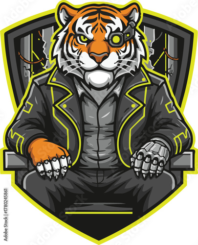 An anthropomorphic cyberpunk tiger with a robotic hand and eye, wearing a leather jacket and sitting on a chair.