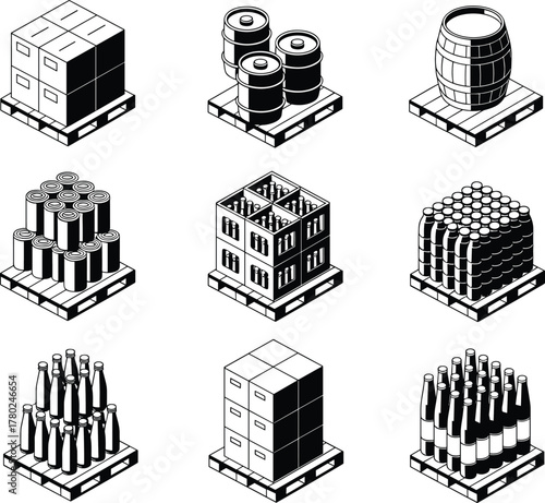 Isometric vector illustration of warehouse pallets with boxes, barrels, bottles, packaging, logistics, cargo storage, shipping, and industrial supply chain