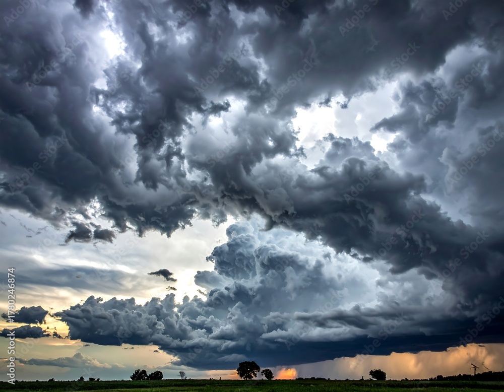 Obraz premium A dramatic sky filled with swirling, dark storm clouds. Light peeks through the center, highlighting the impending weather. A field below