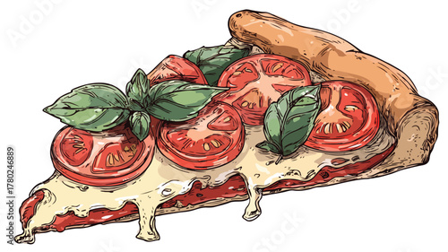 Delicious Slice of Pizza with Fresh Tomatoes and Basil - Vector Illustration