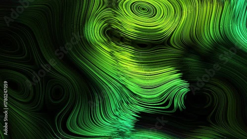 Abstract green and black flowing lines creating a swirling pattern with dark background effect 100