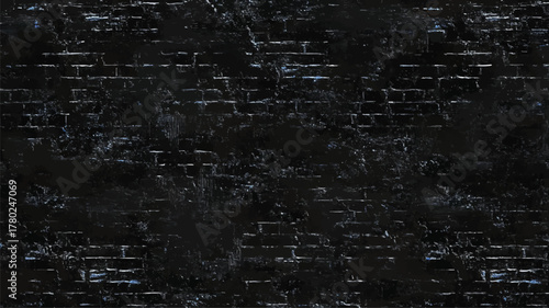 Dark textured black brick wall with subtle blue and white highlights and rough mortar lines creating a distressed urban background