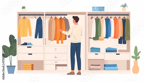A young man choosing a colorful outfit from a large, modern, open-plan wardrobe system. Flat vector illustration of a daily routine.