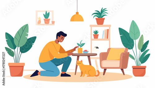 A young man in a yellow sweater kneels to care for his houseplants in a cozy, plant-filled living room, accompanied by his ginger cat.