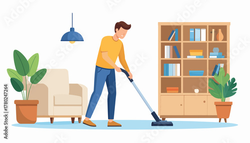 Cheerful Man Vacuuming Floor in Home, Smiling, Yellow Shirt, Blue Pants, Cleaning.