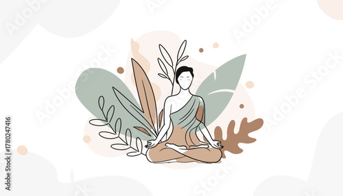 Minimalist Line Art Illustration of a Meditating Figure in Lotus Position with Leaves.