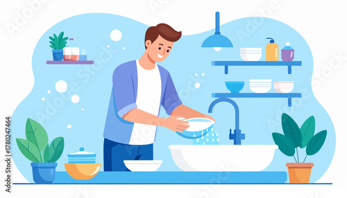 Man washing dishes in the kitchen sink with running water, wearing casual clothes.