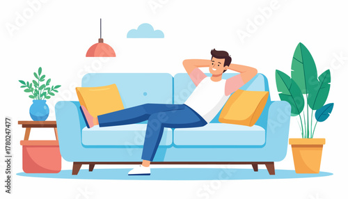 Relaxed Man Reclining on Blue Sofa with Arms Behind Head, Smiling.