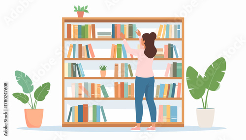 Woman Reaching for a Book on a Full Wooden Bookshelf, Browsing Library.