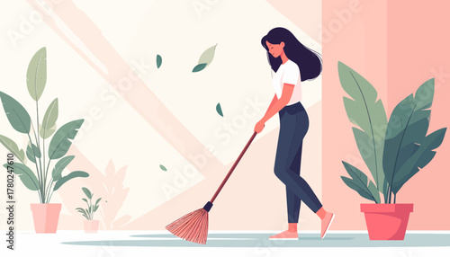 Woman Sweeping Floor with Broom Amidst Flying Leaves and Potted Plants.