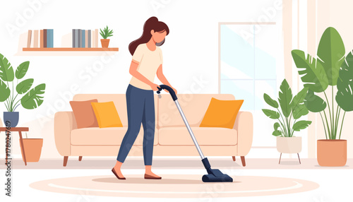 Woman vacuuming the floor with a modern vacuum cleaner, wearing casual clothes, smiling.