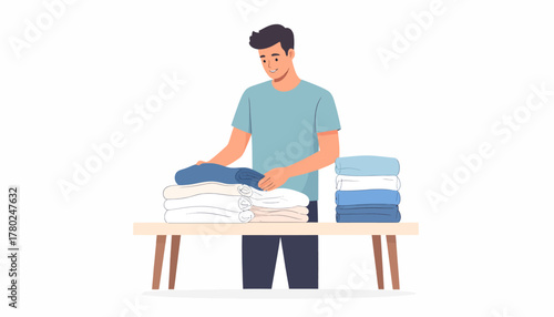 Young Man Folding Clothes on a Wooden Table, Organizing Laundry.