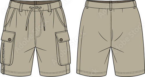 Men’s cargo shorts with drawstring waistband and flap pockets, front and back view cad drawing flat vector illustration in beige