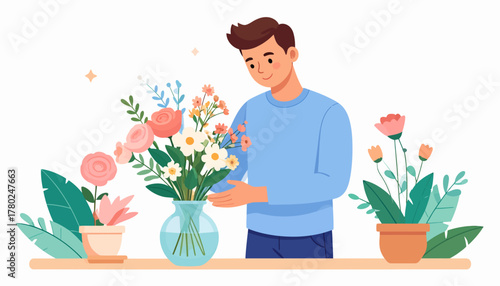Young man in a blue sweater carefully arranging a colorful bouquet of fresh flowers in a clear glass vase.