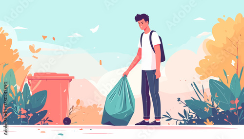 Young Man in Glasses Holding a Green Trash Bag, Cleaning Up Litter.