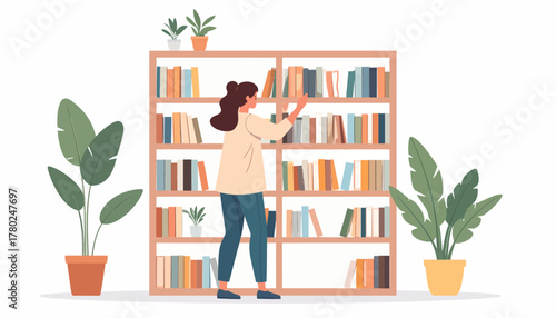 Young woman with curly brown hair browsing a tall wooden bookshelf packed with diverse colorful books, flanked by green potted plants.