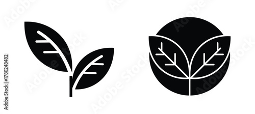 Simple leaf icon set with a plant sprig and circular emblem design