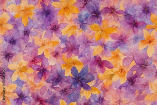 A Vibrant Watercolor Composition of Delicate Flowers in Shades of Purple, Orange, and Yellow
