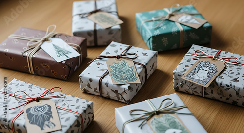 Assorted wrapped gifts with tags on a wooden surface