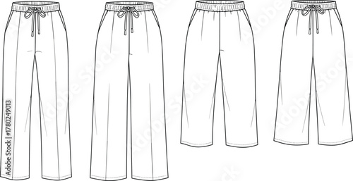 Men’s casual drawstring pants technical flat sketch, fashion design template, vector illustration, front and back view outline drawing