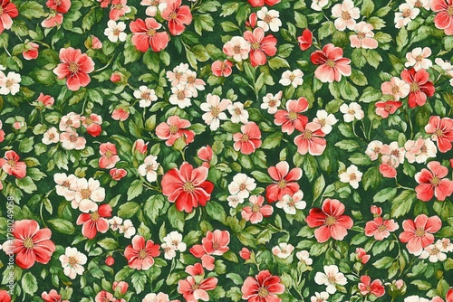 Vibrant Floral Pattern with Red and White Flowers Set Against a Dark Green Background