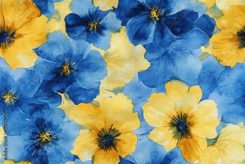 Vibrant and Colorful Floral Motif of Blue and Yellow Flowers in a Nature Inspired Background
