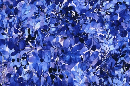 A Vivid Array of Blue Watercolor Leaves in an Artistic Floral Pattern: Nature's Serenity and Calmness Captured