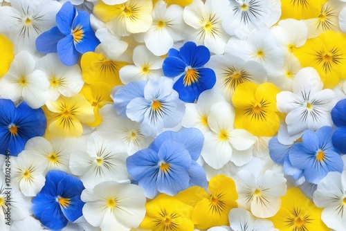 A Colorful Arrangement of Pansy Flowers in Vibrant Shades of Blue, Yellow, and White