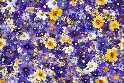 Vibrant Floral Abstract: A Colorful Spectrum of Purple and Yellow Blooms Capturing Nature's Beauty