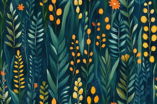 A Vibrant and Lush Botanical Pattern with a Rich Mix of Flora in Bright Colors