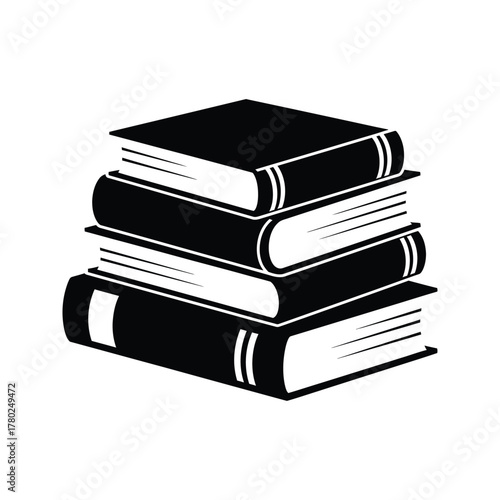 Stack of four hardcover books in black and white illustration