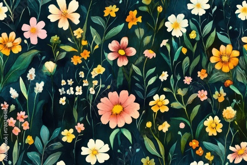 Vibrant Floral Pattern of Colorful Flowers in Full Bloom Surrounded by Lush Green Foliage