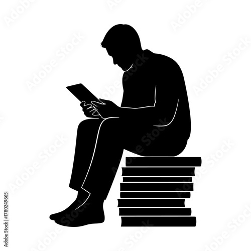 Silhouette of a man sitting on a stack of books reading on a tablet vector illustration isolated on white background