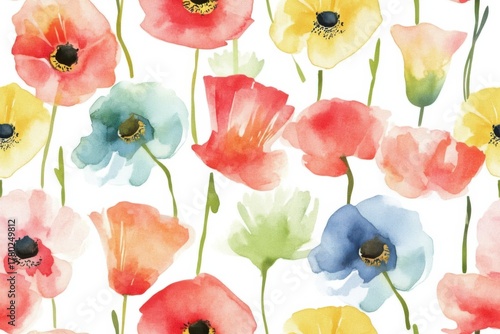 A Vibrant and Colorful Watercolor Floral Pattern Featuring Poppies and Wildflowers in Full Bloom