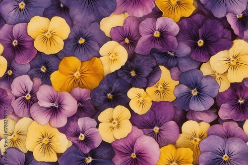 Vibrant Floral Display Featuring a Colorful Array of Pansies in Various Hues of Purple and Yellow
