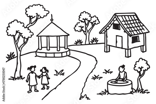 Charming small village scene with quaint cottages a winding dirt road and picturesque natural elements