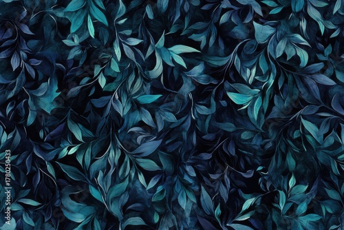 A Lush Dark Botanical Pattern Featuring Intricate Blue and Green Leaves in Depth