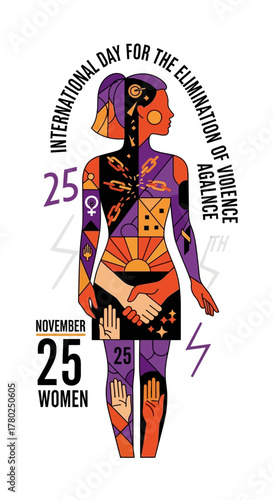 Advocating for Women's Rights on International Day for the Elimination of Violence Against Women November 25th with Hands Together, Purple and Orange Design, and Female Empowerment