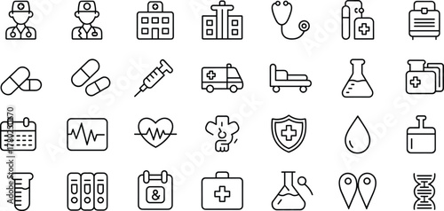 Medical line icons set, healthcare symbols collection, hospital and doctor tools, medicine and pharmacy equipment, health treatment, emergency services