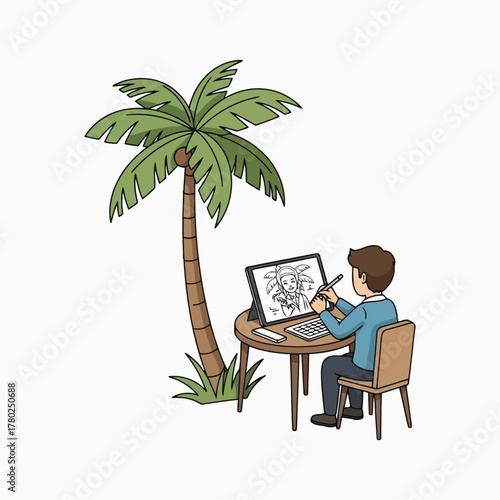 Man drawing portrait on digital tablet under palm tree