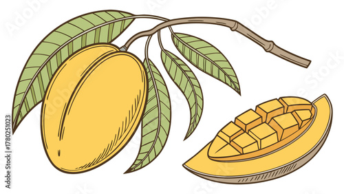 A drawing of a mango on a branch with leaves and a slice of mango next to the whole fruit on transparent background silhouette